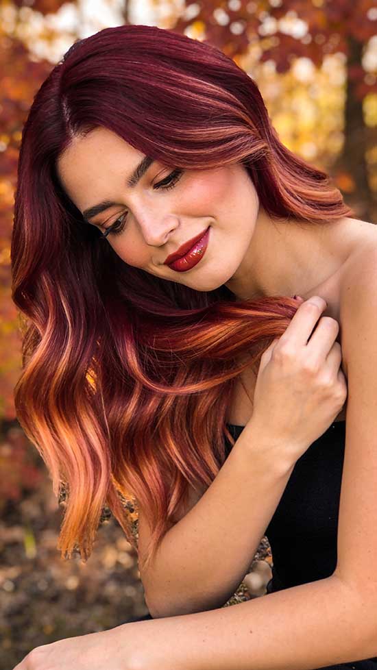 21 Bold Halloween Hair Color Ideas with Red, Burgundy, and Cherry Tones 16 Burgundy Balayage with Copper