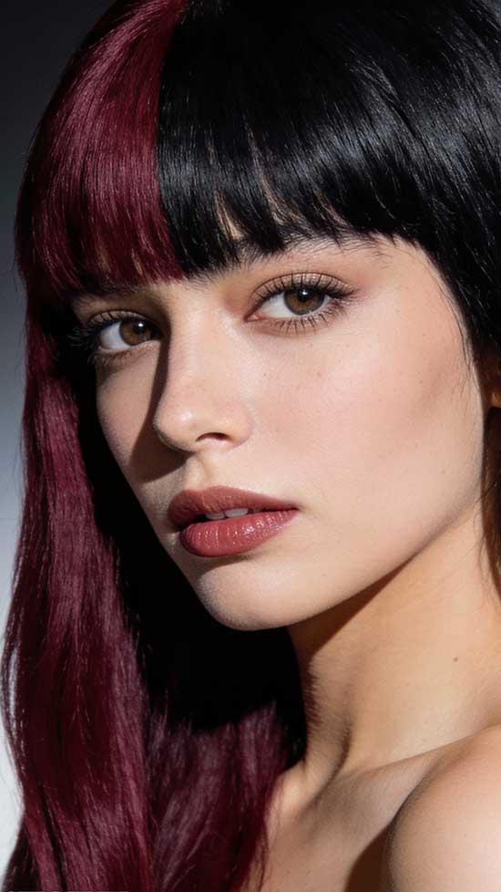 21 Bold Halloween Hair Color Ideas with Red, Burgundy, and Cherry Tones 11 Burgundy and Black Split