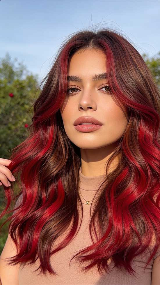 21 Bold Halloween Hair Color Ideas with Red, Burgundy, and Cherry Tones 14 Cherry Red Highlights on Brown Hair