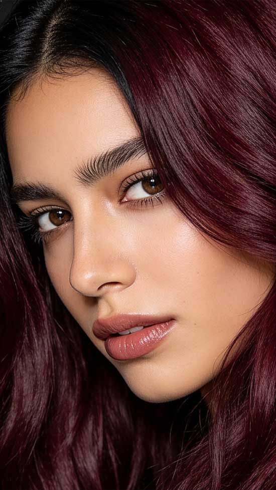 21 Bold Halloween Hair Color Ideas with Red, Burgundy, and Cherry Tones 8 Deep Burgundy with Black Roots