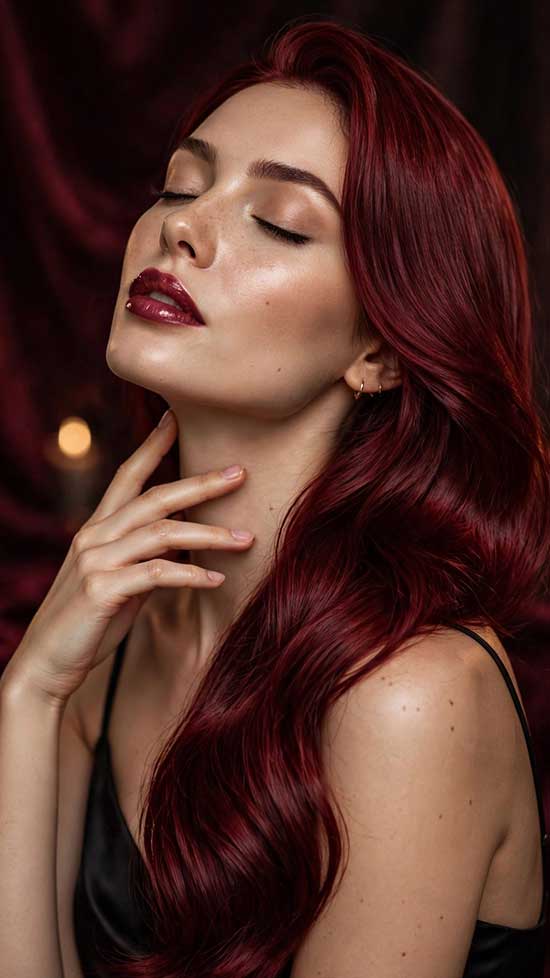 21 Bold Halloween Hair Color Ideas with Red, Burgundy, and Cherry Tones 17 Deep Garnet Red
