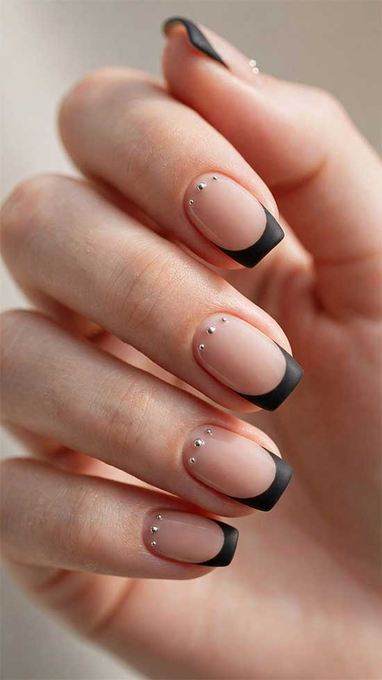 Matte Black French Tip with Silver Studs
