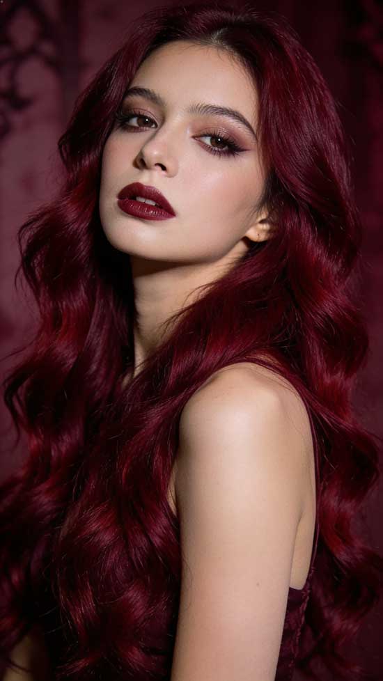 21 Bold Halloween Hair Color Ideas with Red, Burgundy, and Cherry Tones 4 Vampy Wine Red Halloween hair color ideas